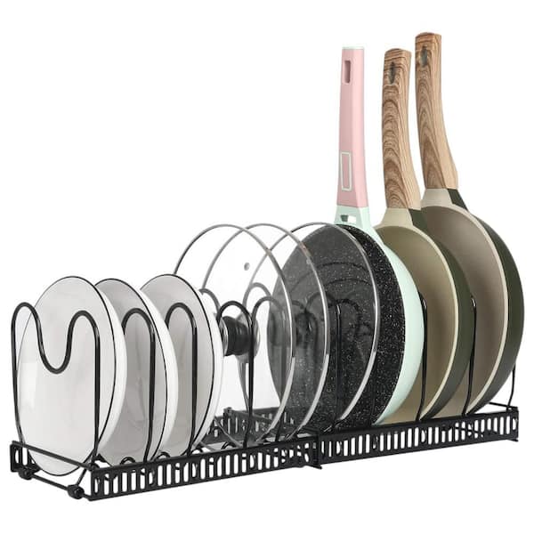 Black Expandable Adjustable Compartment Pot Rack Organizer for Cabinet Cookware Lid Holder Kitchen Storage