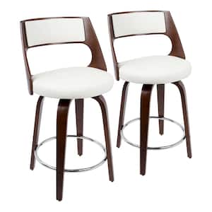 Cecina 35.5 in. Counter Height Bar Stool in White Faux Leather and Cherry Wood (Set of 2)