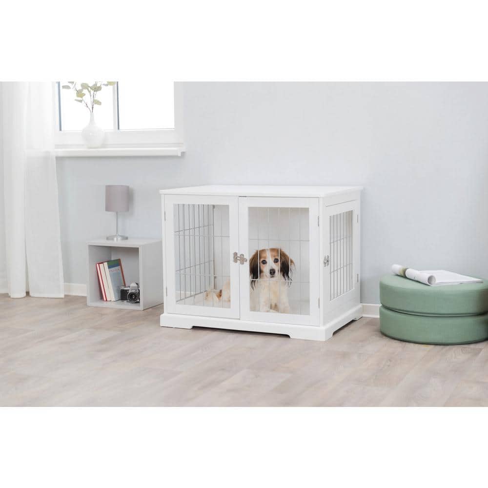 White Wooden Small Dog Crate Table with Lockable Doors