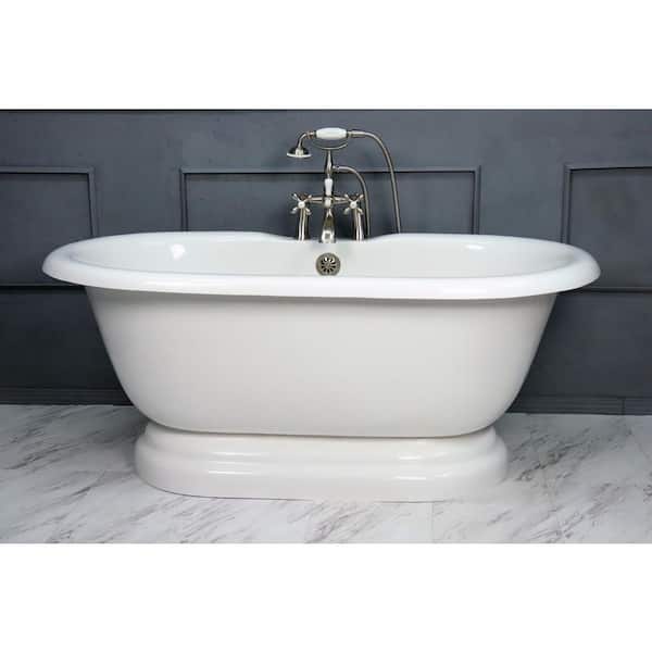 American Bath Factory 60 in. AcraStone Acrylic Double Pedestal Flatbottom Non-Whirlpool Bathtub and Faucet in Satin Nickel