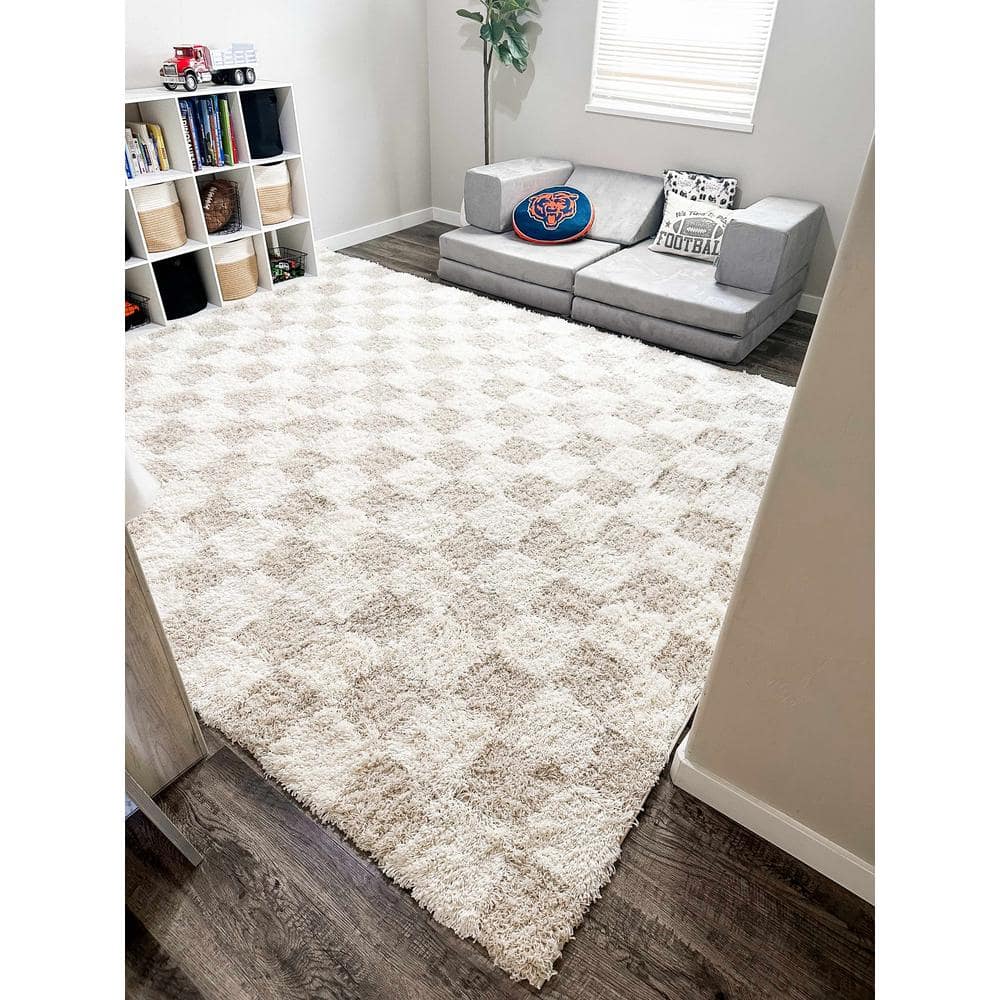Hauteloom Etiler Checkered Shag Area Rug - Checkboard Design - High Pile Fluffy Shaggy Touch - Square Tiles - Kids Room, Nursery, Living Room Shaggy Carpet - Beige, Cream, White - 7'10" x 10'3"