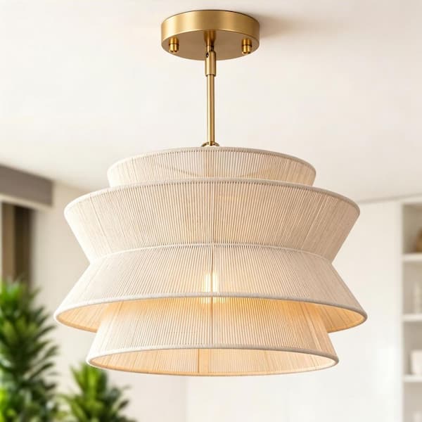 15.75 in. 1-Light Double Layer Rope Woven Pendant Light, Boho Ceiling Light for Living, Dining Room, Sloped Ceiling-Gold