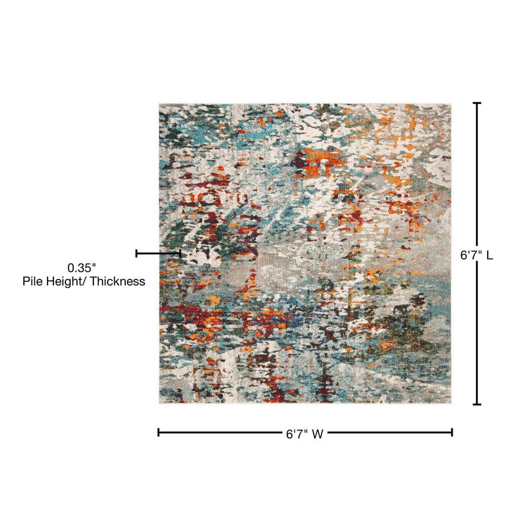 Grey and Blue Square Synthetic Area Rug
