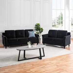 Black Button Tufted Sofa and Loveseat Set, Modern Microfiber Living Room Furniture for Small Spaces, Durable and Sturdy