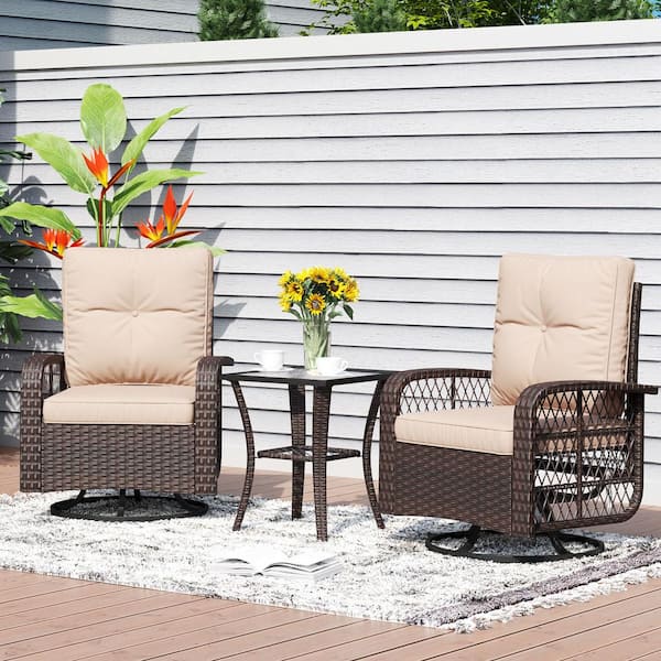 SUNMTHINK Outdoor 3-Piece Wicker Swivel Rocking Chairs Patio Conversation Sets with Beige Cushions and Coffee Table