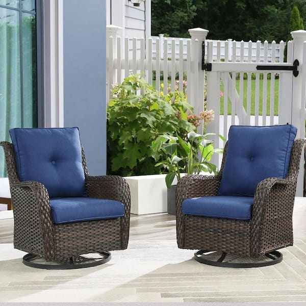 Earlo Brown Wicker PE Rattan Outdoor Swivel Rocker Patio Chairs with Olefin Navy Blue Cushions (2-Pack)