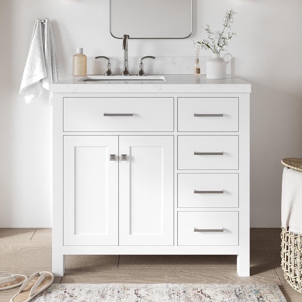 White Quartz Top Freestanding Single Sink Vanity, 36.25"