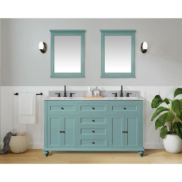 Home Decorators Collection Hamilton Shutter 61 in. W x 22 in. D Double Bath Vanity in Sea Glass with Granite Vanity Top in Gray with White Sink