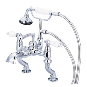3-Handle Claw Foot Tub Faucet with Labeled Porcelain Lever Handles and Hand Shower in Triple Plated Chrome