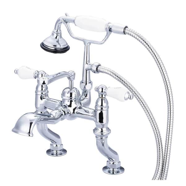 Water Creation 3-Handle Claw Foot Tub Faucet with Labeled Porcelain Lever Handles and Hand Shower in Triple Plated Chrome