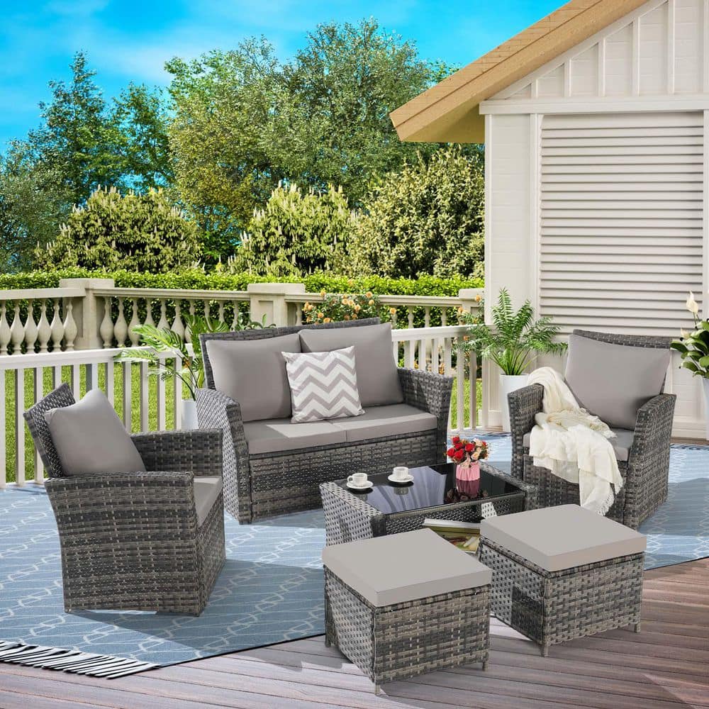 6-Piece Wicker Patio Conversation Set with Light Gray Cushions, Patio Furni