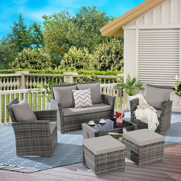 Unbranded 6-Piece Wicker Patio Conversation Set with Light Gray Cushions, Patio Furniture Set with Ottoman and Coffee Table