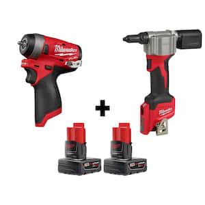 M12 FUEL 12-Volt Lithium-Ion Brushless Cordless Stubby 1/4 in. Impact Wrench and Rivet Tool with Two 3.0 Ah Batteries
