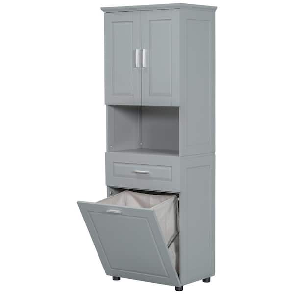 Tileon Modern 23 in. W x 14 in. D x 67 in. H Grey Linen Cabinet Tall Bathroom Storage with Tilt-Out Laundry Hamper