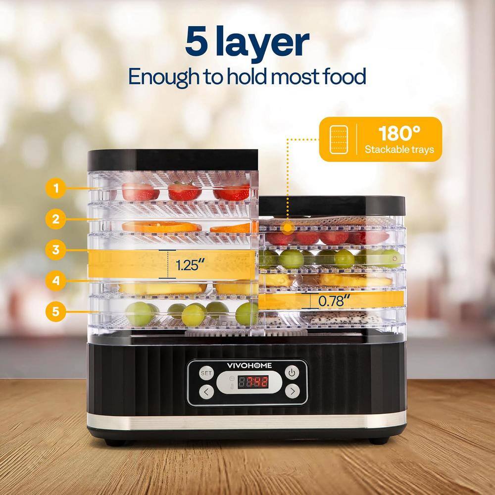 Black 5-Tray Adjustable Thermostat Food Dehydrator