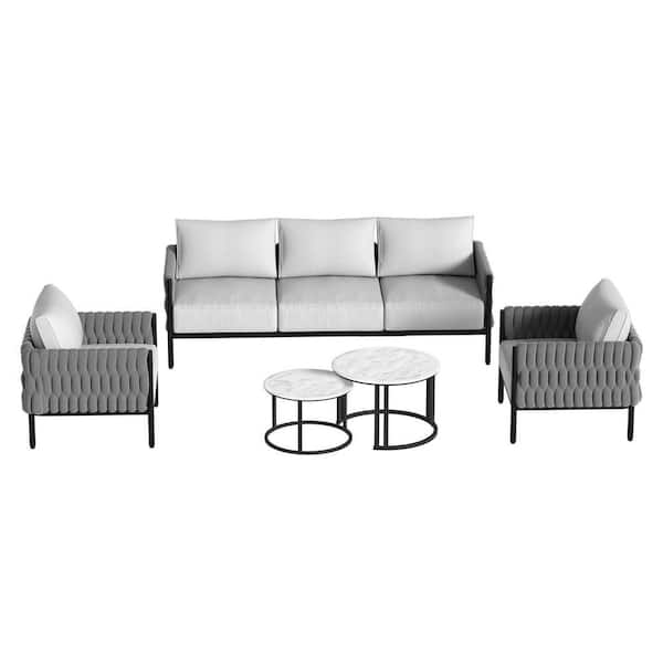 Sudzendf 5-Piece Metal Outdoor Patio Conversation Set with Misty Gray Cushions and Two Round Coffee Table for Porch, Balcony