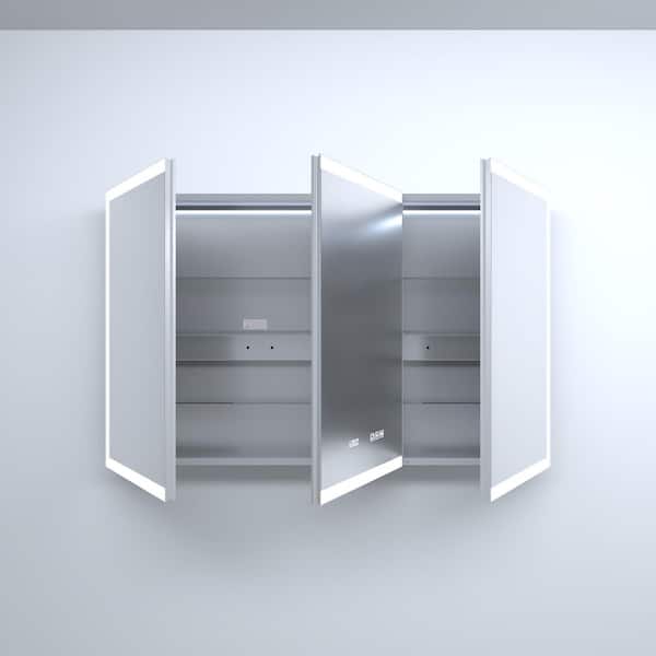48 in. W x 30 in. H Rectangular Silver Aluminum Recessed/Surface Mount Medicine Cabinet with Mirror LED and Clock