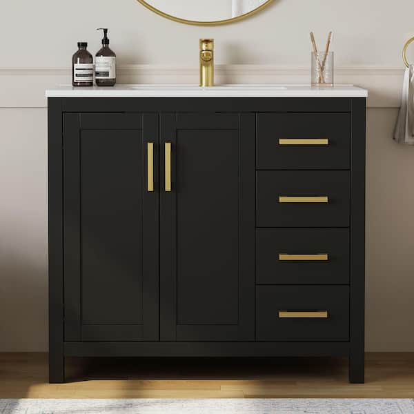 Raven 37 in. Single Sink Black Bath Vanity with White Engineered Solid Surface Top and 4 Drawers (Unassembled)