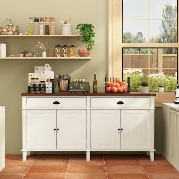 FUFU&GAGA White Wooden 63 in. Width Sideboard, Food Pantry, Storage Cabinet with 2 Drawers & 4 Adjustable Shelves