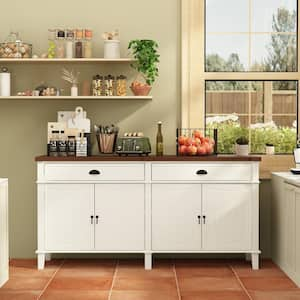 White Wooden 63 in. Width Sideboard, Food Pantry, Storage Cabinet with 2 Drawers & 4 Adjustable Shelves