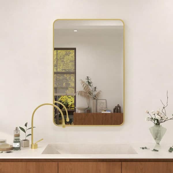 Dew 24 in. W x 36 in. H Rectangular Framed Wall Bathroom Vanity Mirror in Gold