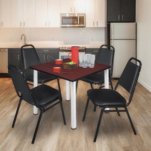 Kee 36 in. Mahogany Top Square Breakroom Table Desk, Chrome Legs, 4 Restaurant Stack Chairs