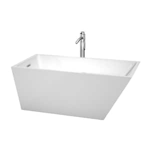 Hannah 59 in. Acrylic Flatbottom Back Drain Soaking Tub in White with Floor Mounted Faucet in Chrome