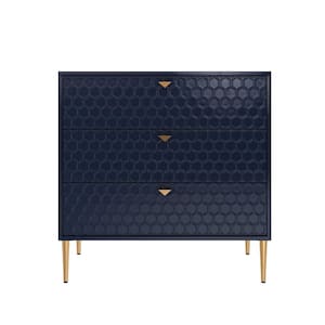 Blue Honeycomb pattern 3-Drawers Storage Accent Chest with Golden Stands and Adjustable feet