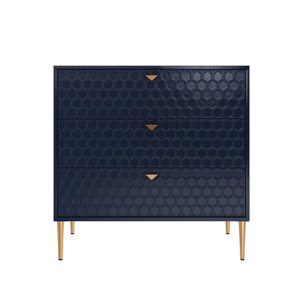 Boyel Living Blue Honeycomb pattern 3-Drawers Storage Accent Chest with Golden Stands and Adjustable feet