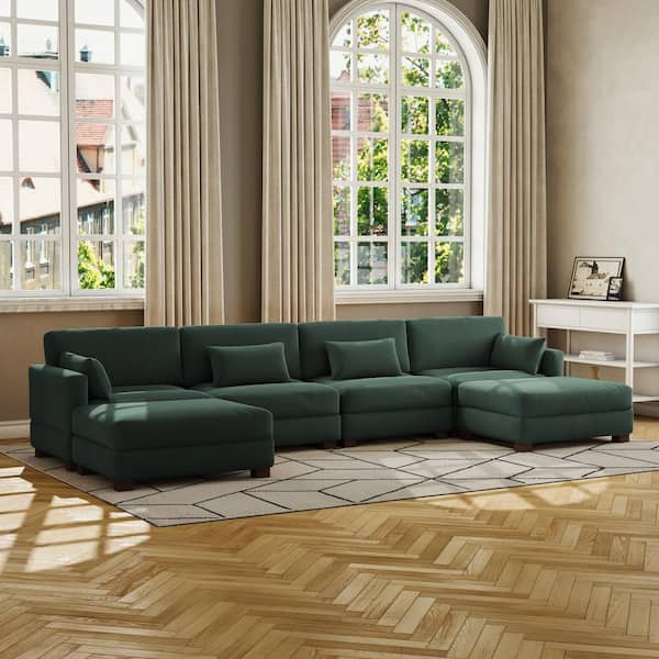 Uixe 160 in. Square Arm 6-piece Corduroy Upholstered U-Shaped Sectional Sofa in Hunter Green