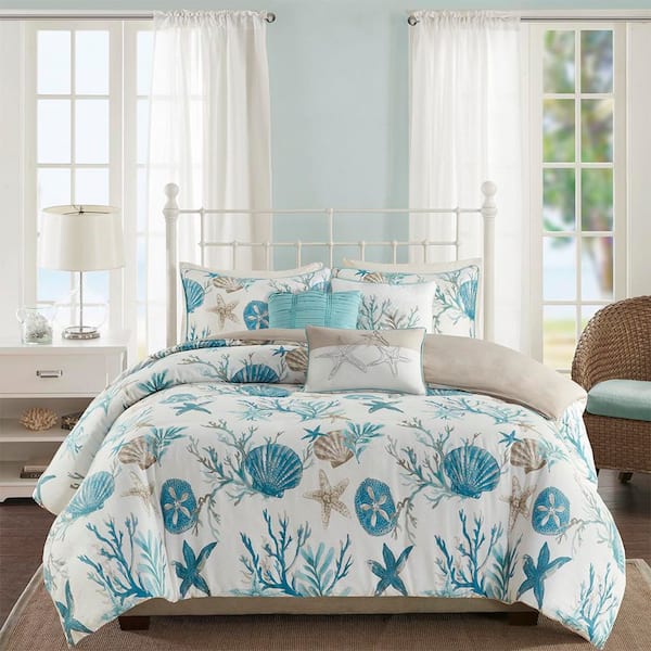 Madison Park Pacific Grove 6-Piece Aqua Cotton Full/Queen Duvet Cover Set