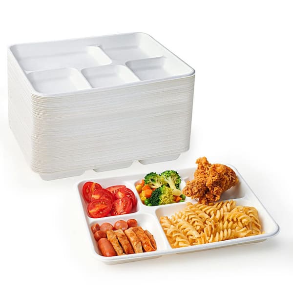 10.25 in. White Disposable Sugarcane Paper Plates Eco-Friendly Compostable Tableware 5 Compartment Case