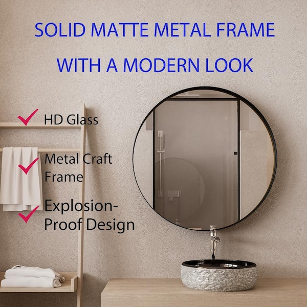 WELLFOR 31.5-in x 31.5-in Recessed Mount Matte Black Mirrored Round Medicine Cabinet