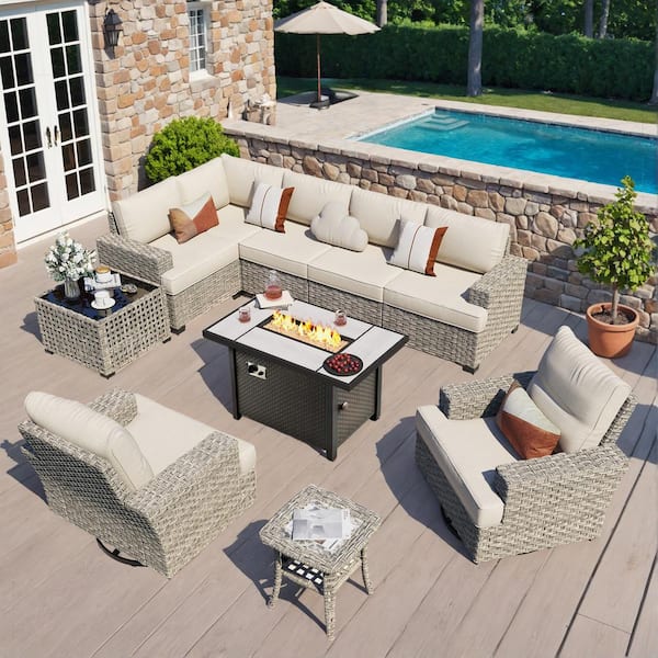 Toject Torino 10-Piece Wicker Outdoor Patio Conversation Sofa Sectional Chairs Set with Metal Fire Pit and Beige Cushions