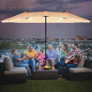 15 ft. Steel Double-Sided Solar LED Market Patio Umbrella in Beige with Crank Base