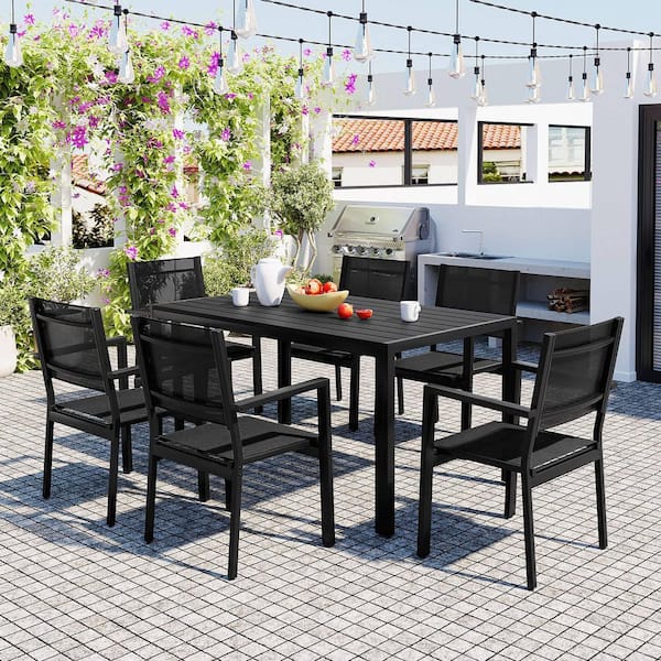 Polibi 7-Piece Metal Outdoor Dining Set with Rectangle Table and 6-Chairs for Patio, Balcony, Backyard, Black