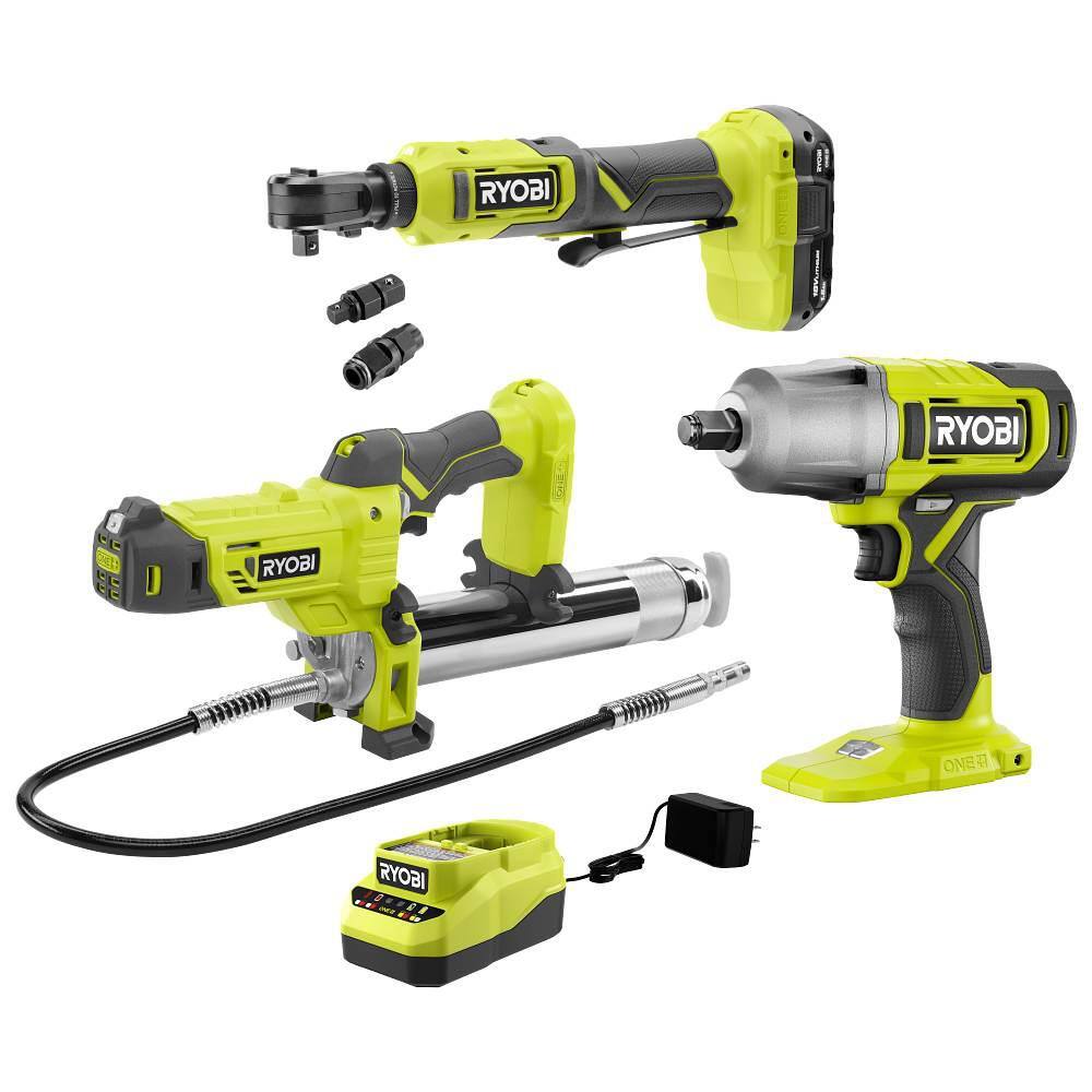 RYOBI ONE+ 18V Cordless 3-Tool Automotive Combo Kit w/Grease Gun, Multi ...