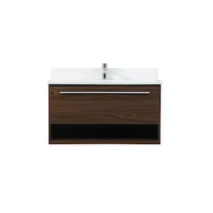 36 in. W Single Bath Vanity in Walnut with Engineered Stone Vanity Top in Ivory with White Basin with Backsplash