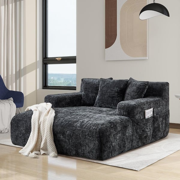 Modern Black Chenille Upholstery Oversized Chaise Lounge Chair Full Foam Comfy Lazy Sofa Couch with 3 Throw Pillows