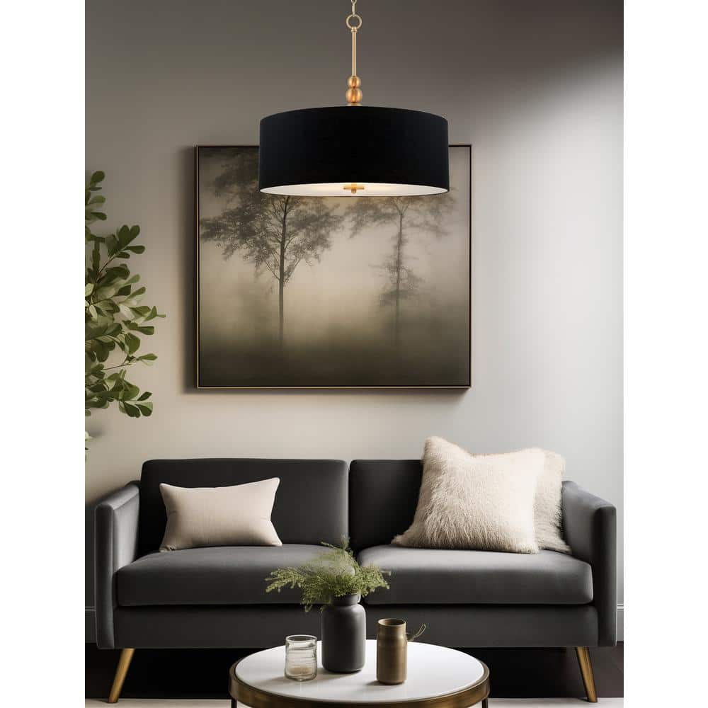 Adelade 22" Black Fabric Drum Pendant Chandelier with Brass Finish