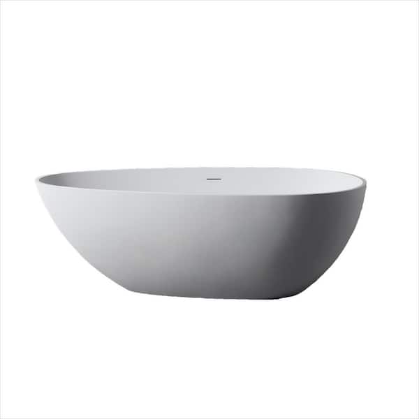 67 in. x 33 in. Freestanding Flat Bottom Solid Surface Stone Soaking Egg Bathtub with Center Drain in Matte White
