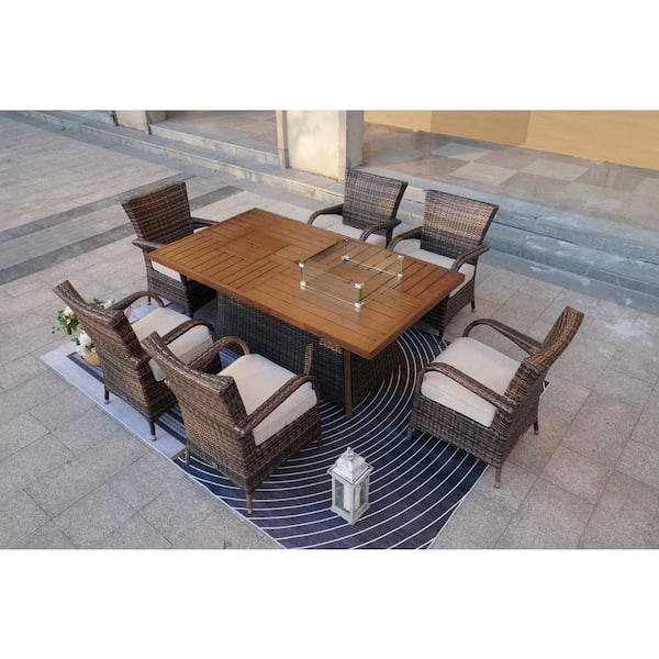 moda furnishings Fire and Ice Brown 7-Pieces Wicker Patio Conversation Fire Pit Table Set with Beige Cushions and Alumunium Table Top