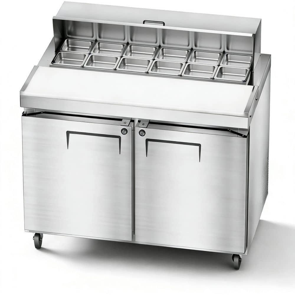 34.06 in. All Stainless Steel 20 cu. ft. Double-Door Salad Freezerless Refrigerator Counter with 12-Trays, Silver