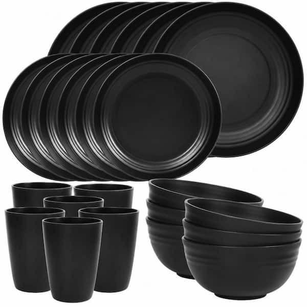 Camping and RV-Series 24-Piece Unbreakable Plastic DinnerwareSet - Dishwasher and MicrowaveSafe in Black (Service for 6)