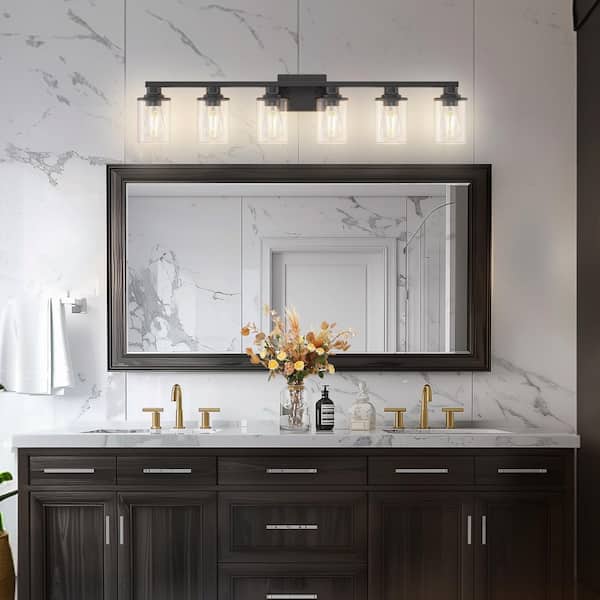 40 in. Industrial 6-Light Matte Black Farmhouse Vanity Light with Glass Shades for Bathroom