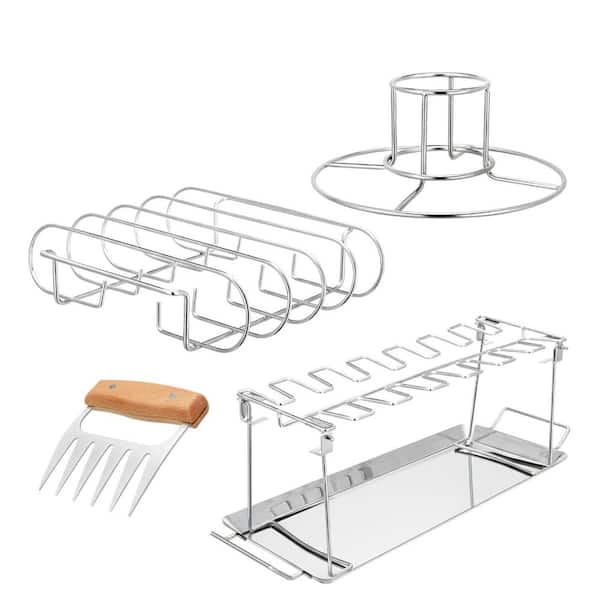 BBQ Grill Accessories Kit Stainless Steel Chicken Leg Rack Beer Can Chicken Holder Rib Rack with Gloves Tongs