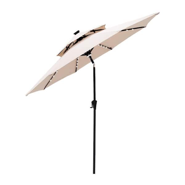 FLAME&SHADE 9 ft. Double Top Aluminum Market Solar Lighted Tilt Patio Umbrella with LED in Beige Solution Dyed Polyester