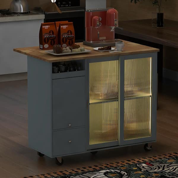 YOFE Blue Kitchen Island Cart with Drop Leaf, Kitchen Cart with LED Light and Storage Cabinet, Changeable Wheels or Feet