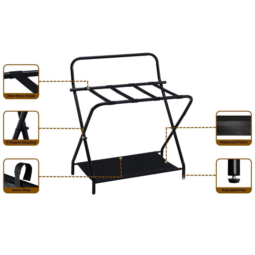 Black Metal Folding Luggage Rack with Fabric Shelf