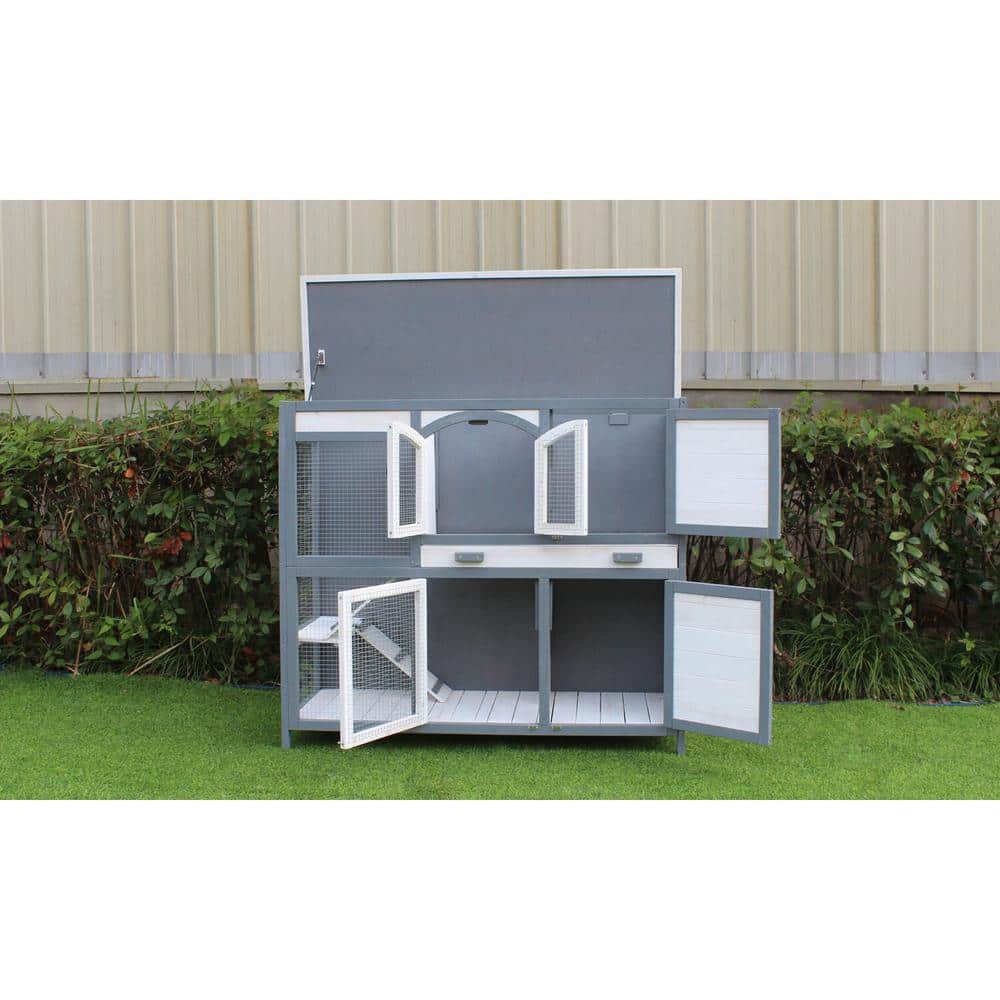 Gray and White Wooden 2-Story Rabbit Hutch with Ramps